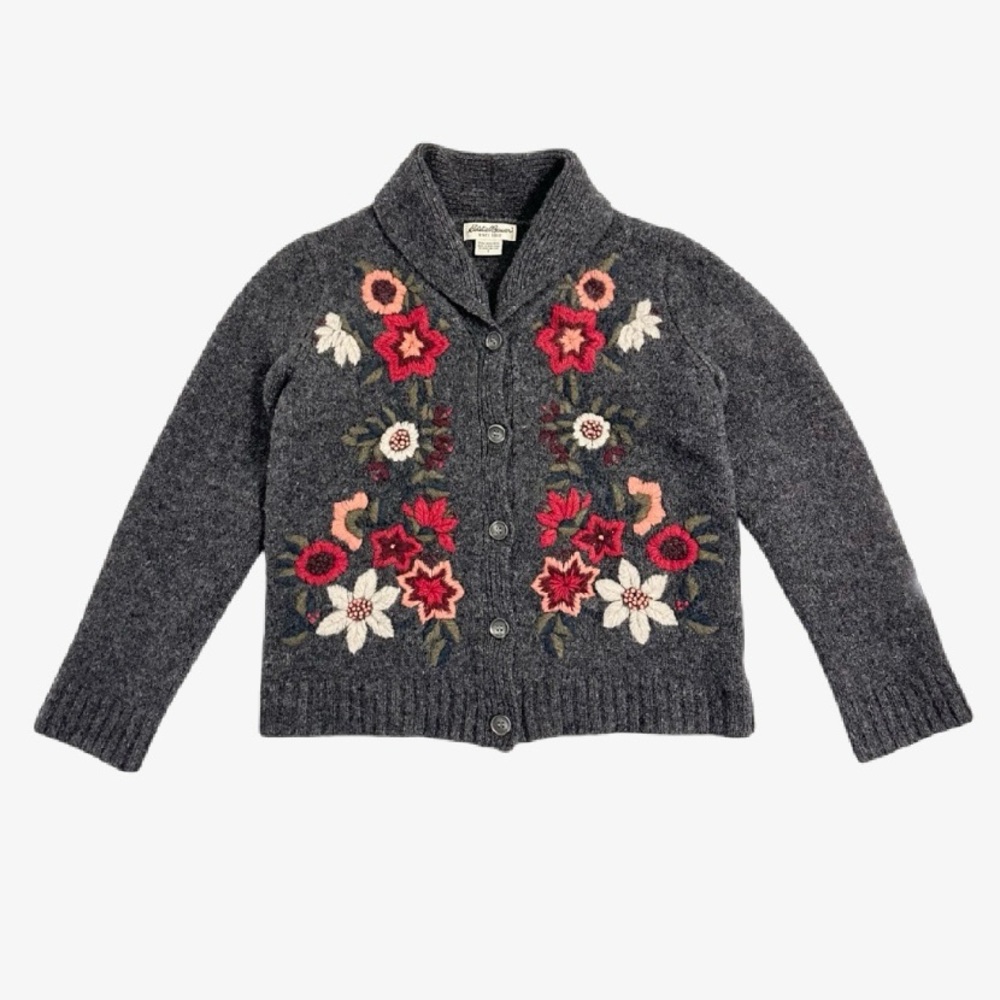 Eddie Bauer Vintage 100% Wool Gray Cardigan with Floral Embroidery